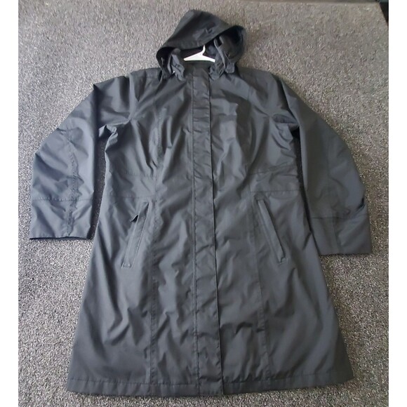 Eddie Bauer Weatheredge Trench Coat Women XL Black Wind Rain Long Jacket Hooded - Picture 1 of 15